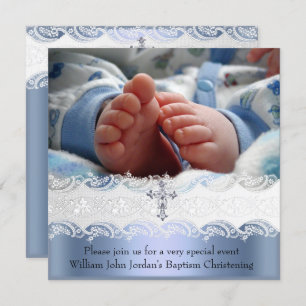 Baptism Blue White Lace Foto Jewel Cross Boy Kaart