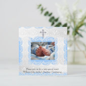 Baptism Blue White Lace Foto Jewel Cross Boy Kaart (Staand voorkant)