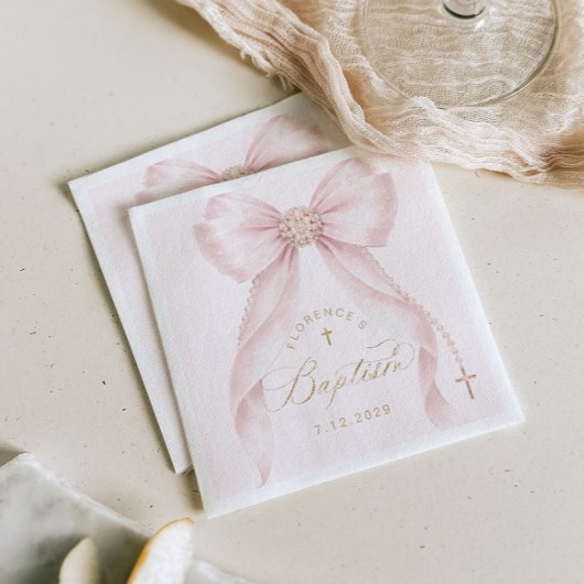 Baptism Blush Pink Bow Pearls Servet