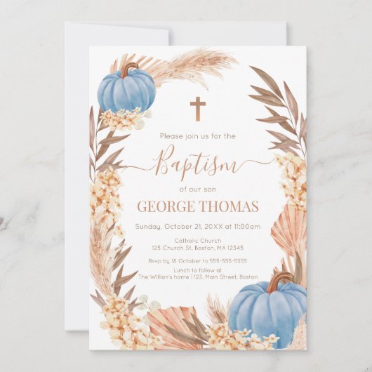 Baptism Boho Pampas arrangement blue Pumpkin Kaart (Voorkant)