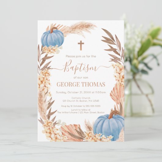 Baptism Boho Pampas arrangement blue Pumpkin Kaart (Staand voorkant)