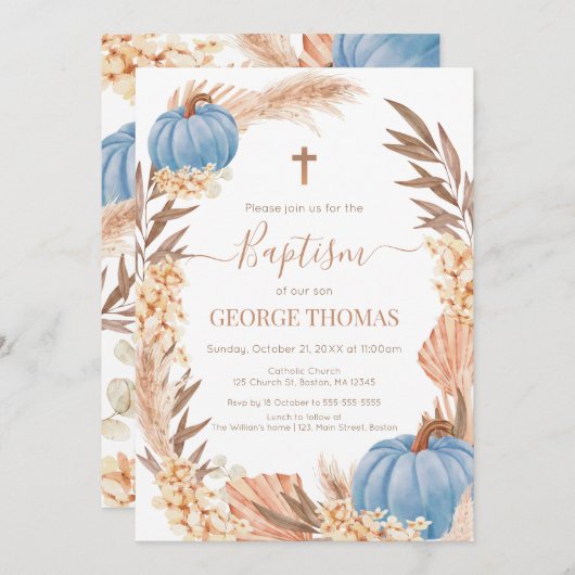 Baptism Boho Pampas arrangement blue Pumpkin Kaart (Voorkant / Achterkant)