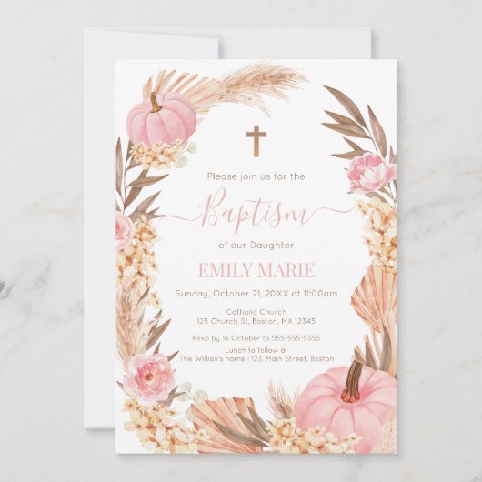 Baptism Boho Pampas Pink Pumpkin Kaart (Voorkant)