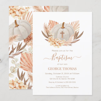 Baptism Boho Pampas white Pumpkin Invitation  Kaart