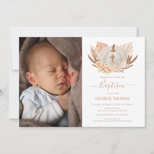 Baptism Boho white Pumpkin Photo Invitation  Kaart (Voorkant)