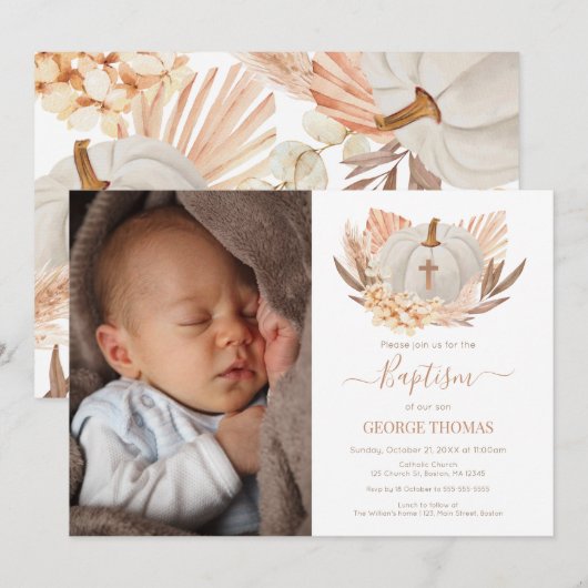 Baptism Boho white Pumpkin Photo Invitation Kaart (Voorkant / Achterkant)