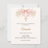 Baptism Bow Blush Pink Florals Cross Invitation (Voorkant)