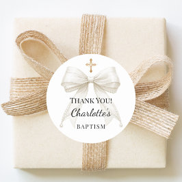 Baptism bow ivory pearls cross thank you ronde sticker