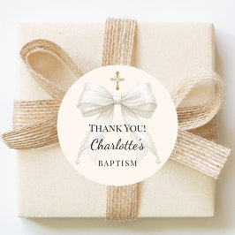 Baptism bow ivory white pearls cross thank you ronde sticker