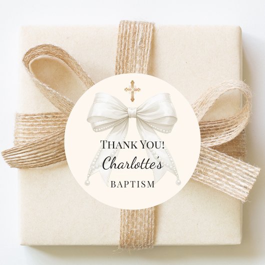 Baptism bow ivory white pearls cross thank you ronde sticker
