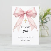 Baptism bow pink pearls gold cross bedankkaart (Staand voorkant)