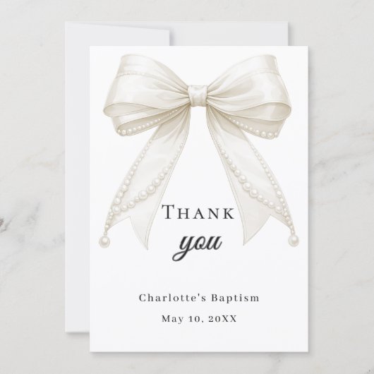 Baptism bow white ivory pearls bedankkaart (Voorkant)