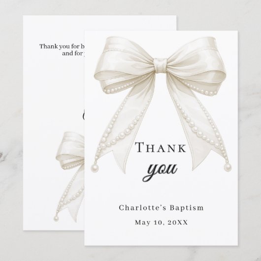 Baptism bow white ivory pearls bedankkaart (Voorkant / Achterkant)