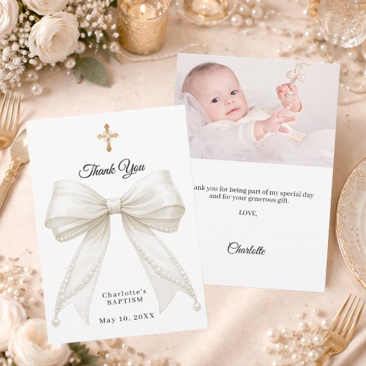 Baptism bow white ivory pearls photo bedankkaart
