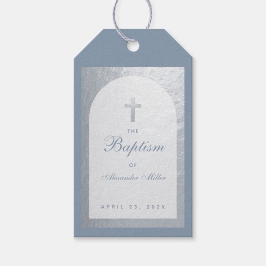 Baptism Boy Dusty Blue Faux Silver Arch Script Cadeaulabel (Voorkant)