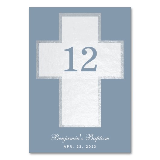 Baptism Boy Dusty Blue White Cross Faux Silver Kaart (Voorkant)