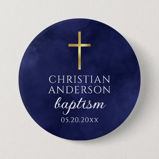 Baptism Boy Elegant Royal Blue Ronde Button 7,6 Cm (Voorkant)