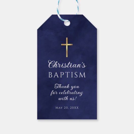 Baptism Boy Elegant Royal Blue Waterverf Cadeaulabel (Voorkant)