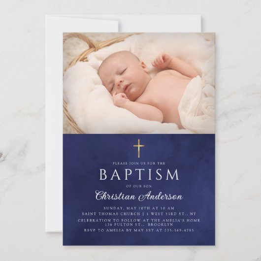 Baptism Boy Elegant Royal Blue Waterverf Kaart (Voorkant)