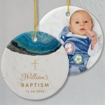 Baptism Boy Foto Blue Geode Marble Gold Cross