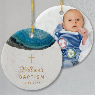 Baptism Boy Foto Blue Geode Marble Gold Cross Keramisch Ornament