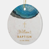 Baptism Boy Foto Blue Geode Marble Gold Cross Keramisch Ornament (Links)