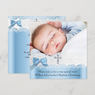 Baptism Boy Foto Blue White Lace Jewel Cross 2 Kaart