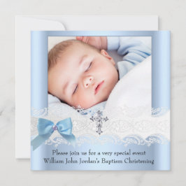 Baptism Boy Foto Blue White Lace Jewel Cross 3 Kaart