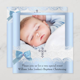 Baptism Boy Foto Blue White Lace Jewel Cross 3 Kaart