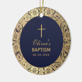 Baptism Boy Foto  Gold Rozen Navy Blue Keramisch Ornament (Links)