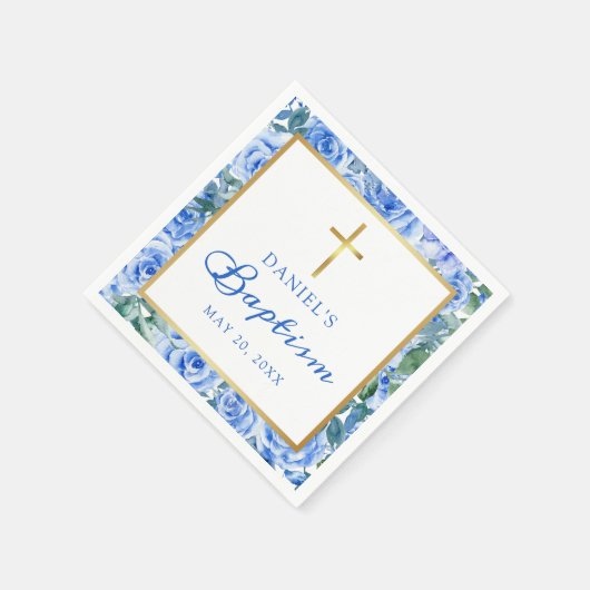 Baptism Boy Modern Roos Dusty Blue Waterverf Servet (Hoek)