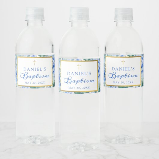 Baptism Boy Modern Roos Dusty Blue Waterverf Waterfles Etiket (Flessen)