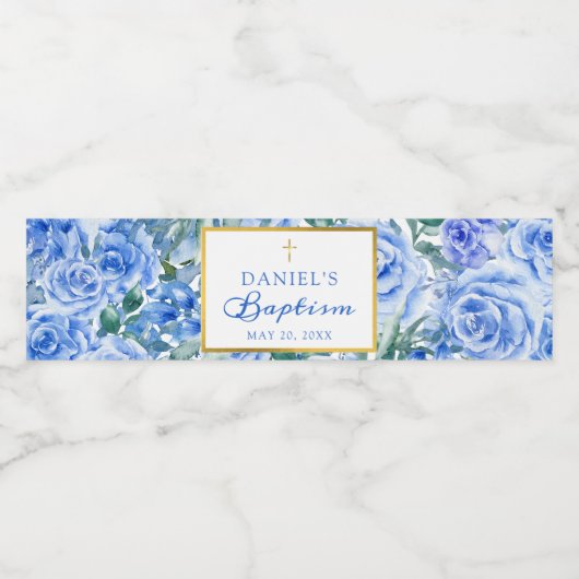 Baptism Boy Modern Roos Dusty Blue Waterverf Waterfles Etiket (Enkel label)