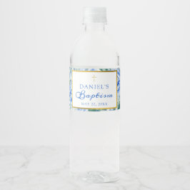 Baptism Boy Modern Roos Dusty Blue Waterverf Waterfles Etiket