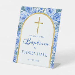 Baptism Boy Modern Roos Dusty Blue Welcome Sign Reclamebord Met Voetstuk
