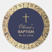Baptism Boy Navy Blue Gold Rozen Elegant Ronde Sticker (Voorkant)