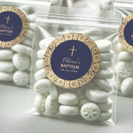 Baptism Boy Navy Blue  Gold Rozen Elegant Ronde Sticker