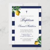 Baptism Boy Navy Stripes Lemons Silver Religieuze Kaart (Voorkant)