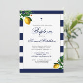 Baptism Boy Navy Stripes Lemons Silver Religieuze Kaart (Staand voorkant)