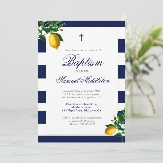 Baptism Boy Navy Stripes Lemons Silver Religieuze Kaart (Staand voorkant)