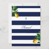 Baptism Boy Navy Stripes Lemons Silver Religieuze Kaart (Achterkant)