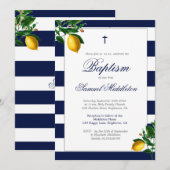 Baptism Boy Navy Stripes Lemons Silver Religieuze Kaart (Voorkant / Achterkant)