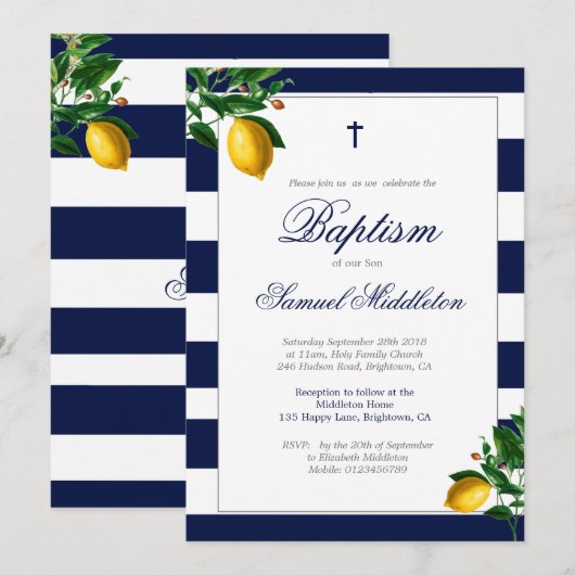 Baptism Boy Navy Stripes Lemons Silver Religieuze Kaart (Voorkant / Achterkant)
