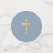 Baptism Boy Photo Dusty Blue Faux Gold Cross Crest Confetti (Kleine voorkant)