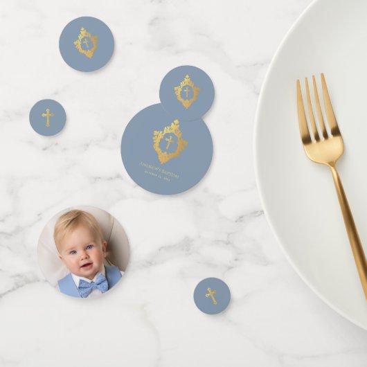 Baptism Boy Photo Dusty Blue Faux Gold Cross Crest Confetti (Groep)