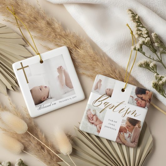 Baptism Calligraphy Photo Collage Baby Keepsake Keramisch Ornament