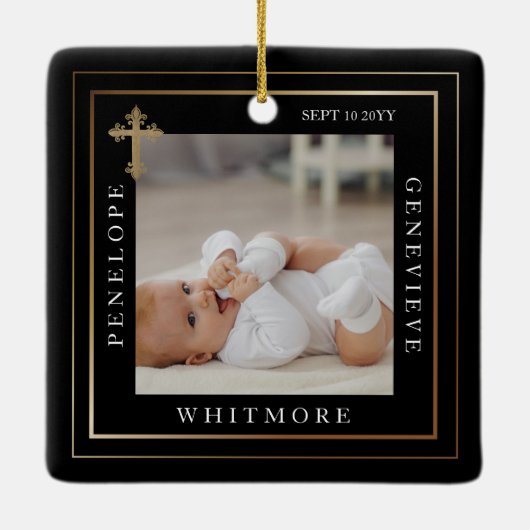 Baptism Calligraphy Photo Collage Black & Gold Keramisch Ornament (Achterkant)