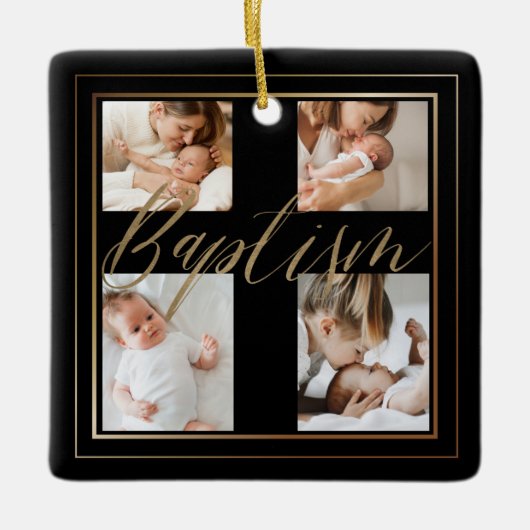 Baptism Calligraphy Photo Collage Black & Gold Keramisch Ornament (Voorkant)