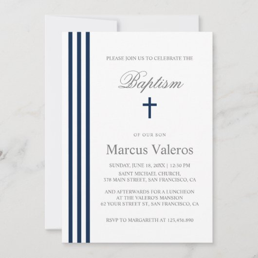 BAPTISM Chic Vertical Striped Navy Blue Cross Kaart (Voorkant)