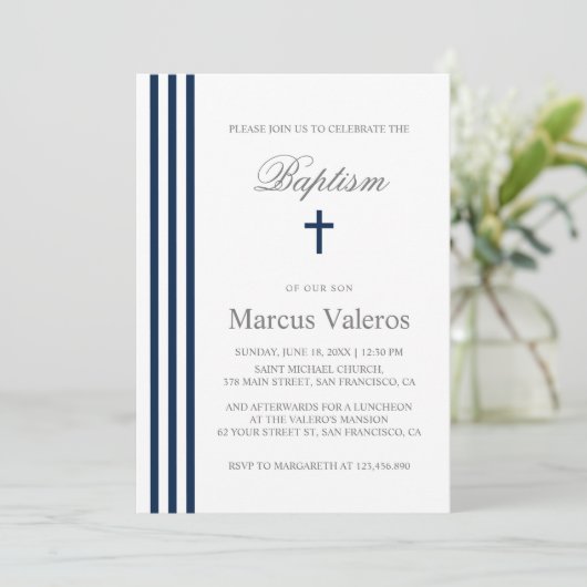 BAPTISM Chic Vertical Striped Navy Blue Cross Kaart (Staand voorkant)